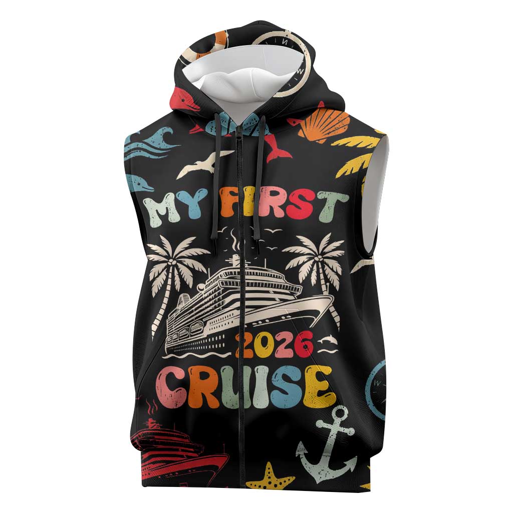 My First Cruise 2026 Sleeveless Zip Hoodie Vacation Groovy Family Cruise Ship