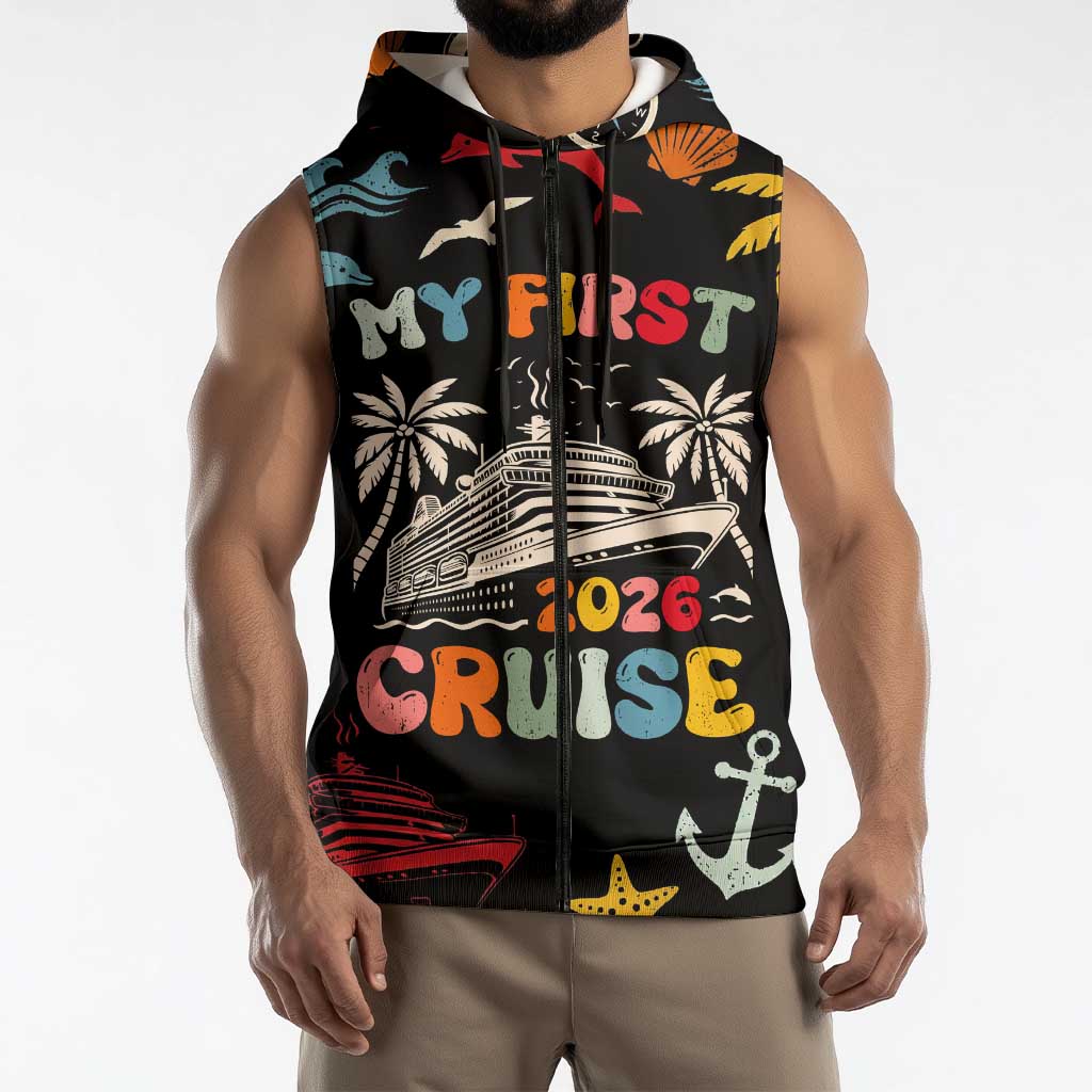 My First Cruise 2026 Sleeveless Zip Hoodie Vacation Groovy Family Cruise Ship