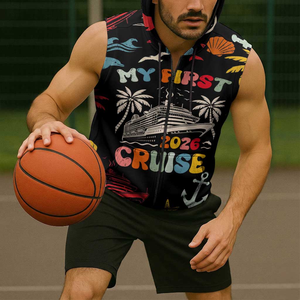 My First Cruise 2026 Sleeveless Zip Hoodie Vacation Groovy Family Cruise Ship