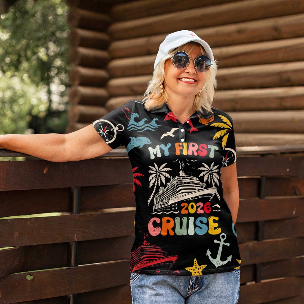 My First Cruise 2026 Women Polo Shirt Vacation Groovy Family Cruise Ship