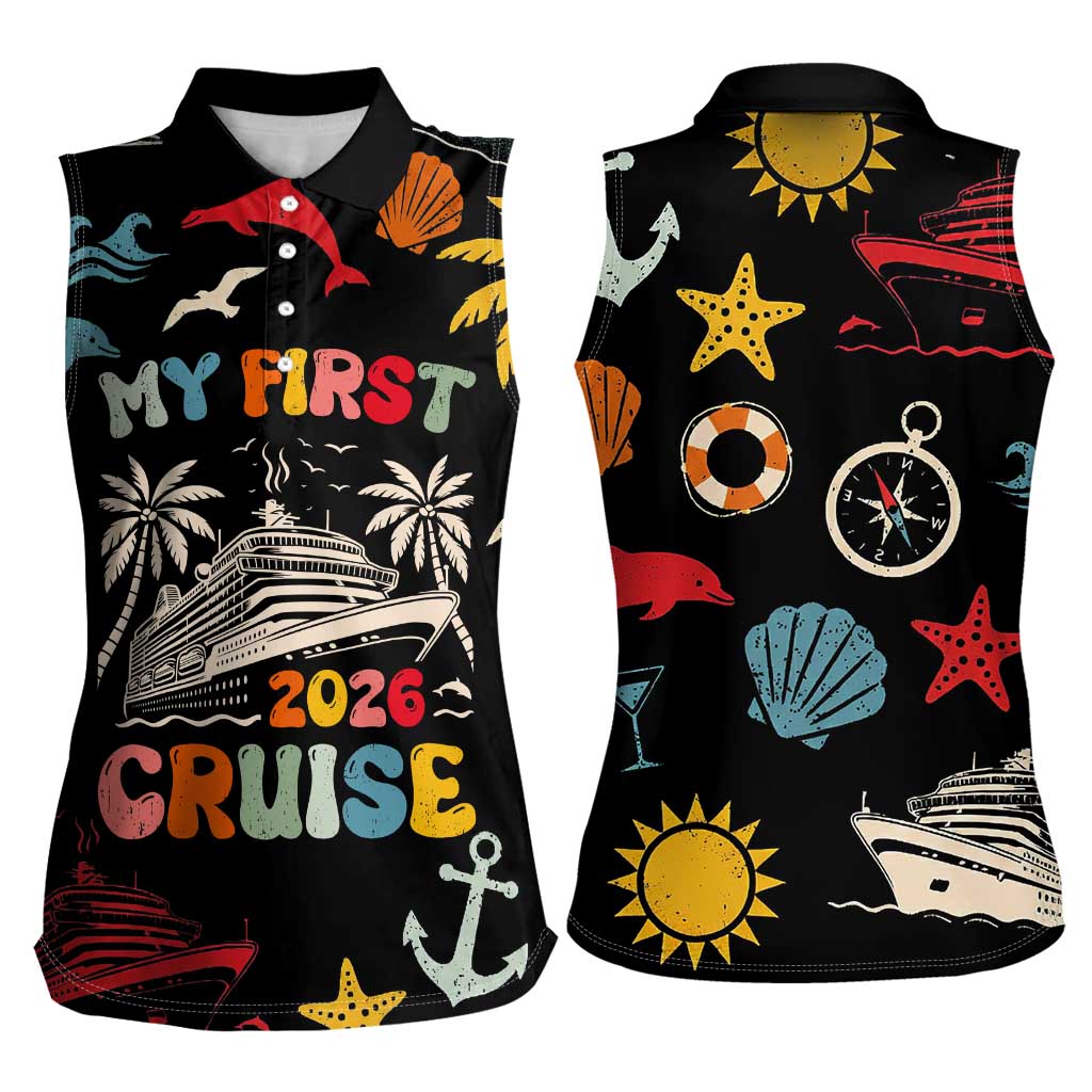 My First Cruise 2026 Women Sleeveless Polo Shirt Vacation Groovy Family Cruise Ship
