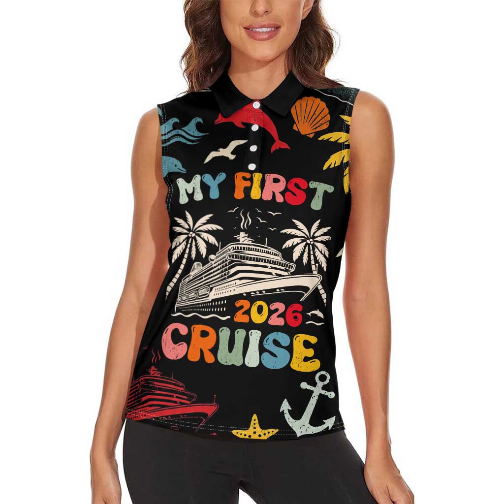 My First Cruise 2026 Women Sleeveless Polo Shirt Vacation Groovy Family Cruise Ship