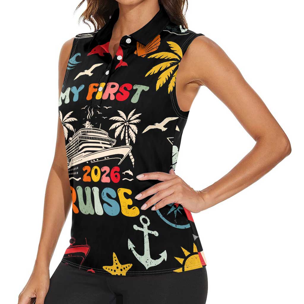 My First Cruise 2026 Women Sleeveless Polo Shirt Vacation Groovy Family Cruise Ship