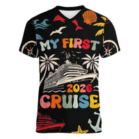 My First Cruise 2026 Women V-Neck T-Shirt Vacation Groovy Family Cruise Ship