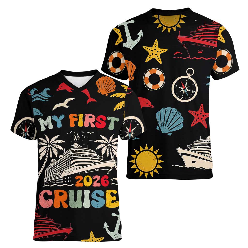 My First Cruise 2026 Women V-Neck T-Shirt Vacation Groovy Family Cruise Ship