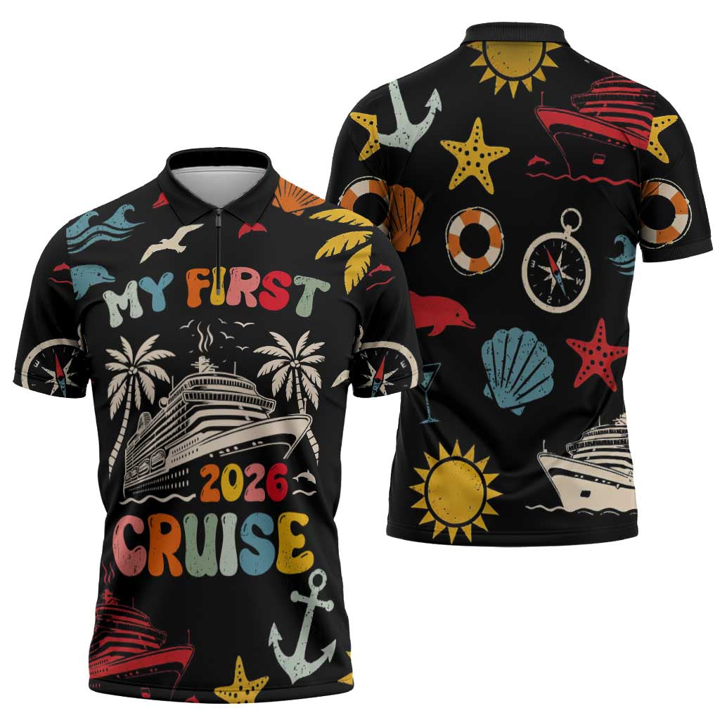My First Cruise 2026 Zipper Polo Shirt Vacation Groovy Family Cruise Ship