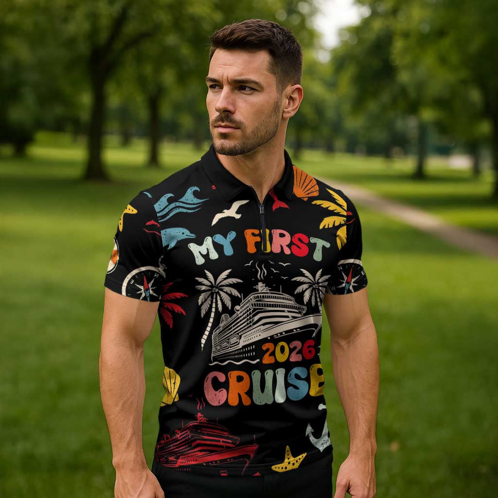 My First Cruise 2026 Zipper Polo Shirt Vacation Groovy Family Cruise Ship