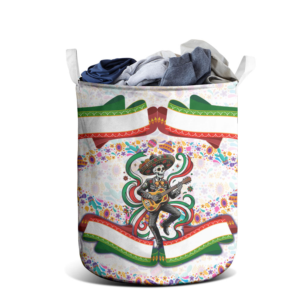Cinco De Mayo Sugar Skull Mariachi Laundry Basket Mexican Fiesta Floral Skeleton Guitar Folk Art