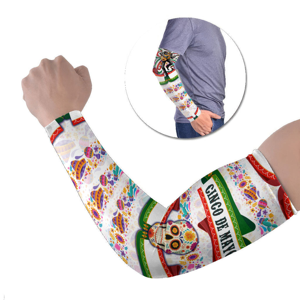 Cinco De Mayo Sugar Skull Mariachi Arm Sleeves Mexican Fiesta Floral Skeleton Guitar Folk Art