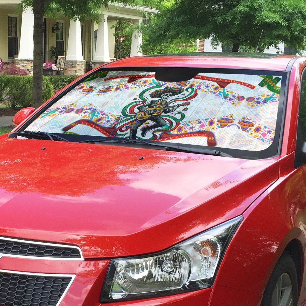 Cinco De Mayo Sugar Skull Mariachi Auto Sun Shade Mexican Fiesta Floral Skeleton Guitar Folk Art