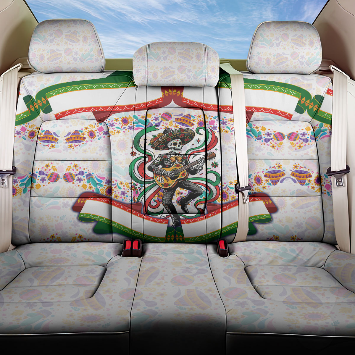 Cinco De Mayo Sugar Skull Mariachi Back Car Seat Cover Mexican Fiesta Floral Skeleton Guitar Folk Art