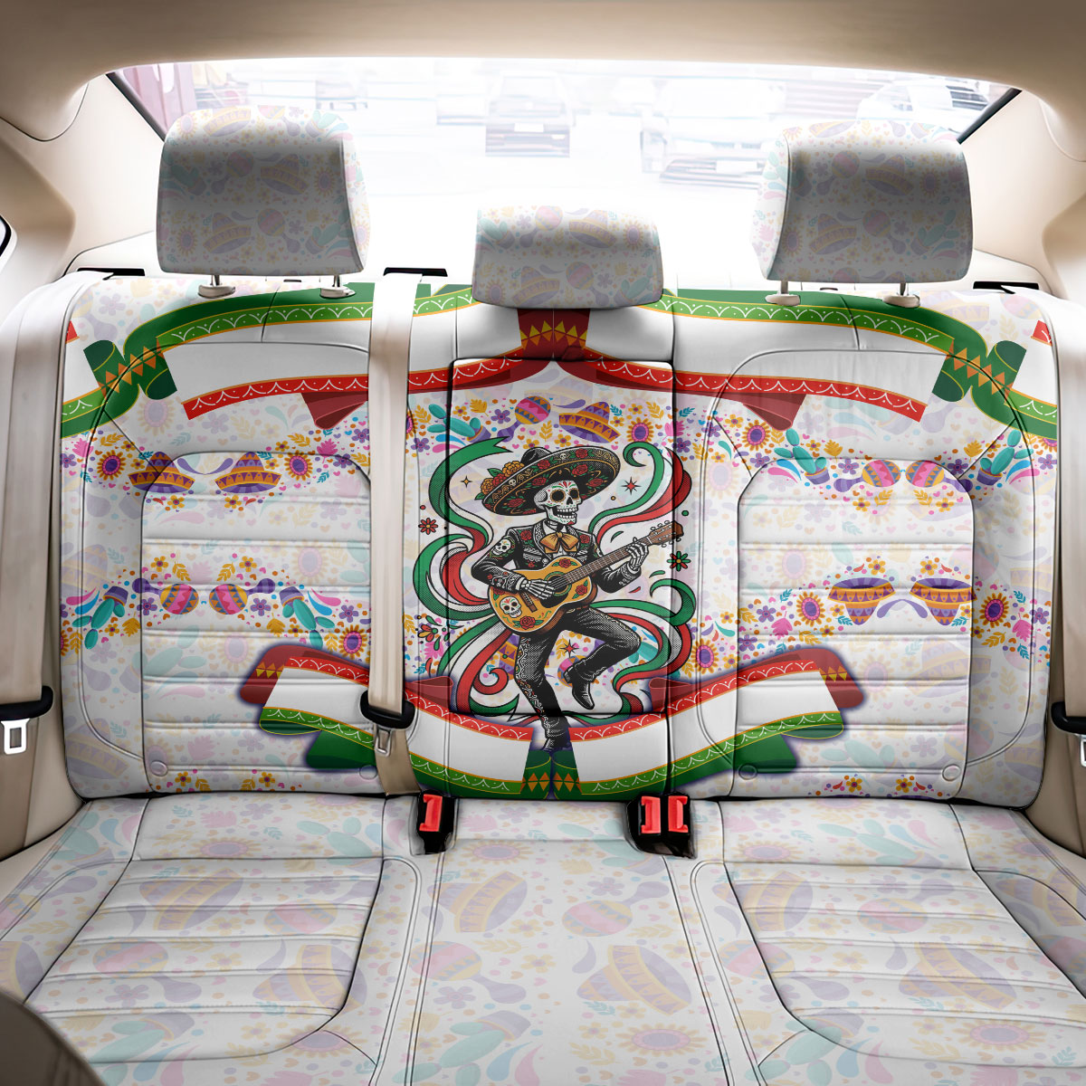 Cinco De Mayo Sugar Skull Mariachi Back Car Seat Cover Mexican Fiesta Floral Skeleton Guitar Folk Art