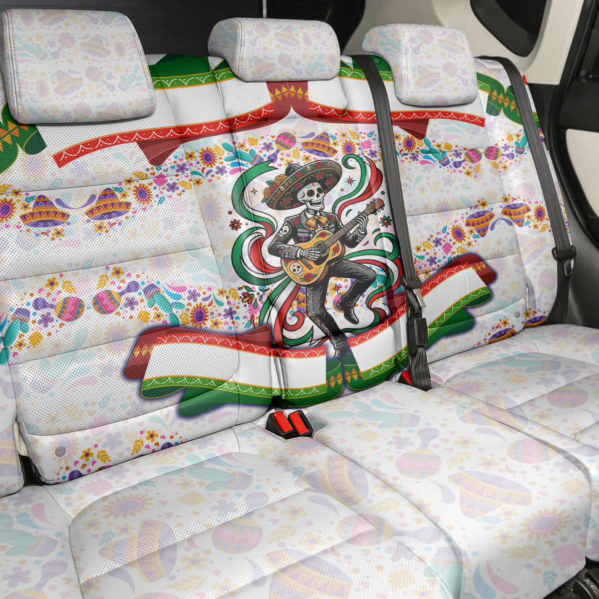 Cinco De Mayo Sugar Skull Mariachi Back Car Seat Cover Mexican Fiesta Floral Skeleton Guitar Folk Art