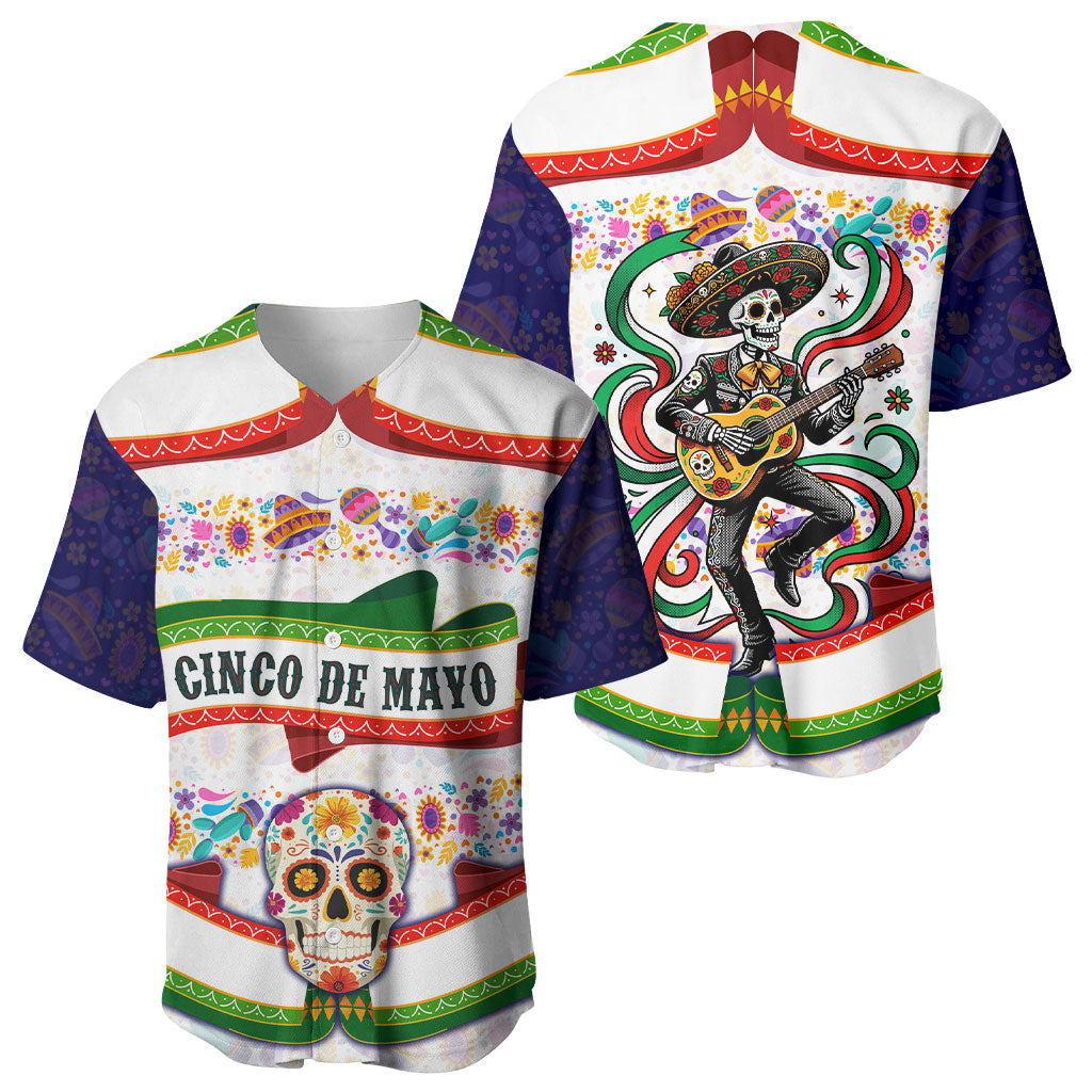 Cinco De Mayo Sugar Skull Mariachi Baseball Jersey Mexican Fiesta Floral Skeleton Guitar Folk Art