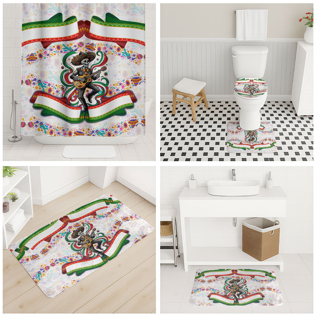 Cinco De Mayo Sugar Skull Mariachi Bathroom Set Mexican Fiesta Floral Skeleton Guitar Folk Art