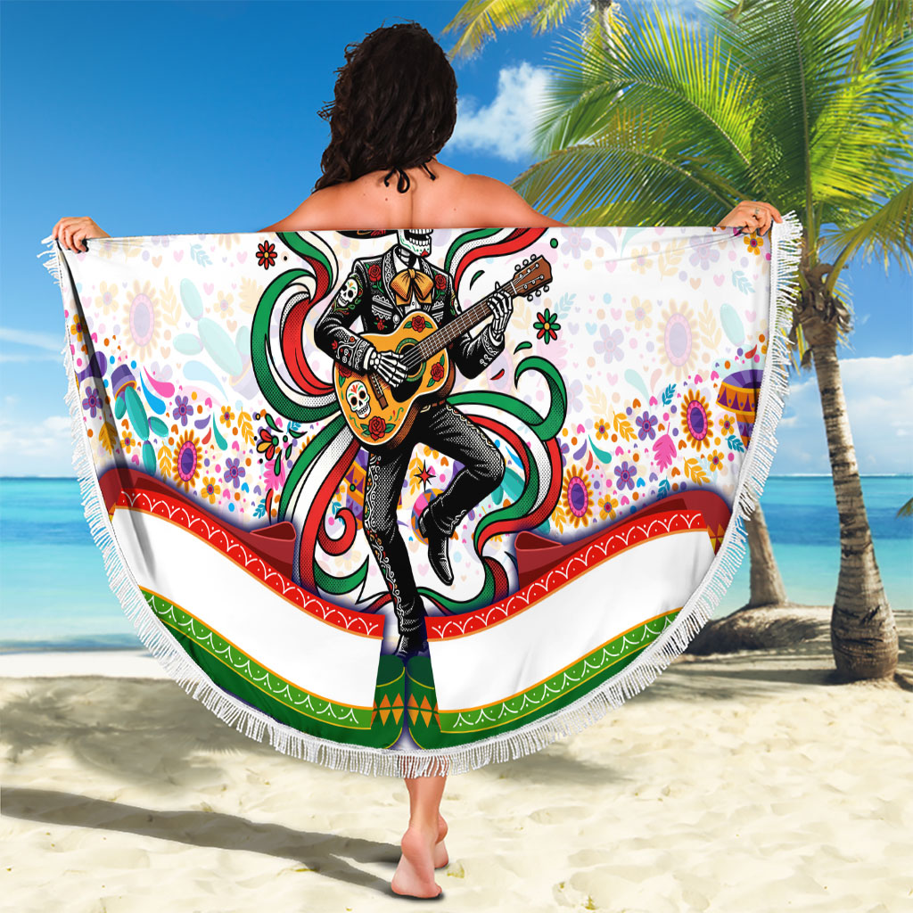 Cinco De Mayo Sugar Skull Mariachi Beach Blanket Mexican Fiesta Floral Skeleton Guitar Folk Art