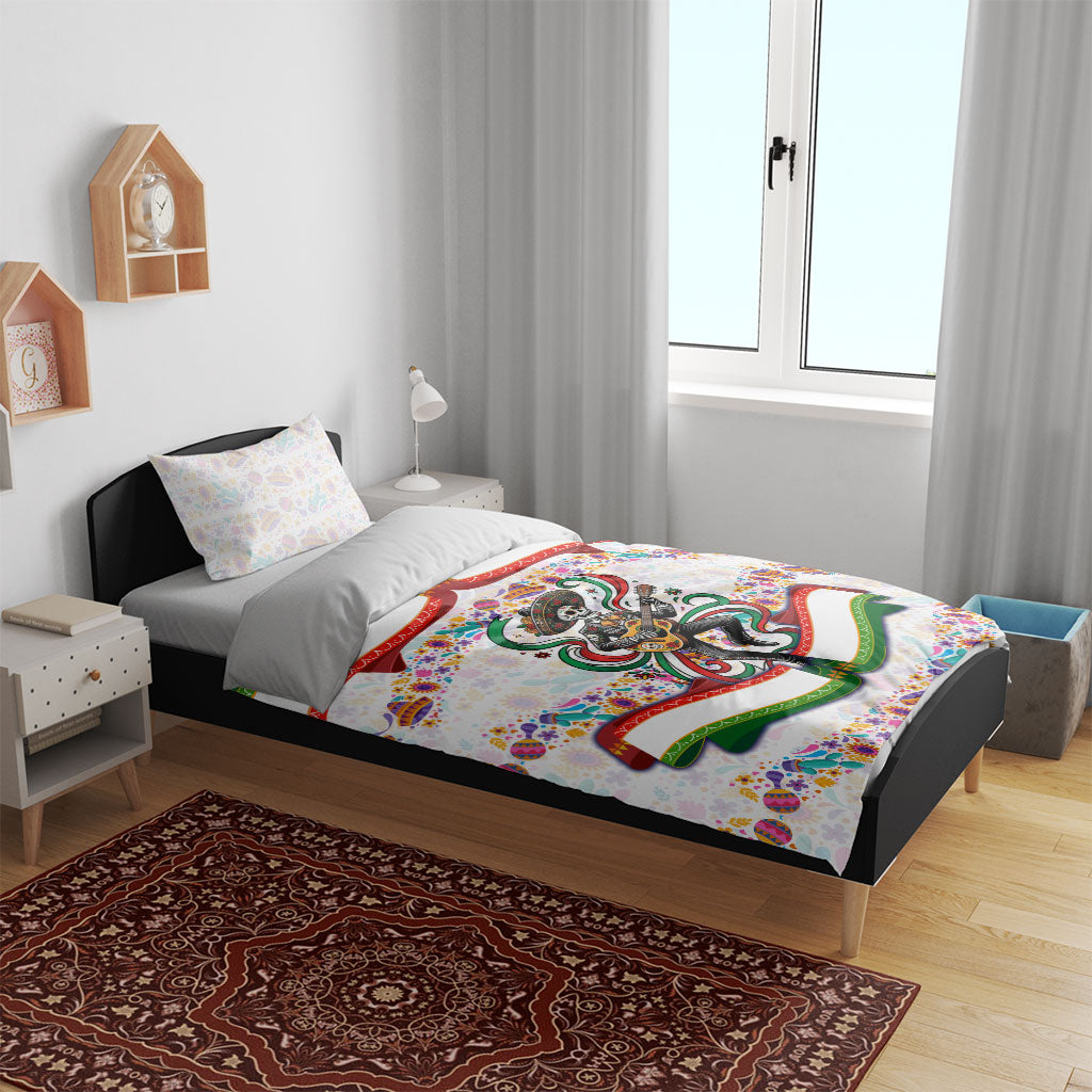 Cinco De Mayo Sugar Skull Mariachi Bedding Set Mexican Fiesta Floral Skeleton Guitar Folk Art