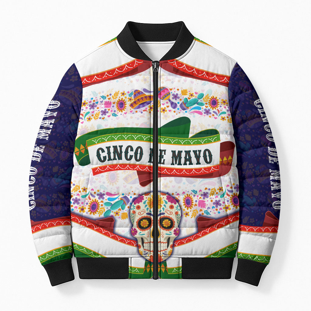 Cinco De Mayo Sugar Skull Mariachi Bomber Puffer Jacket Mexican Fiesta Floral Skeleton Guitar Folk Art