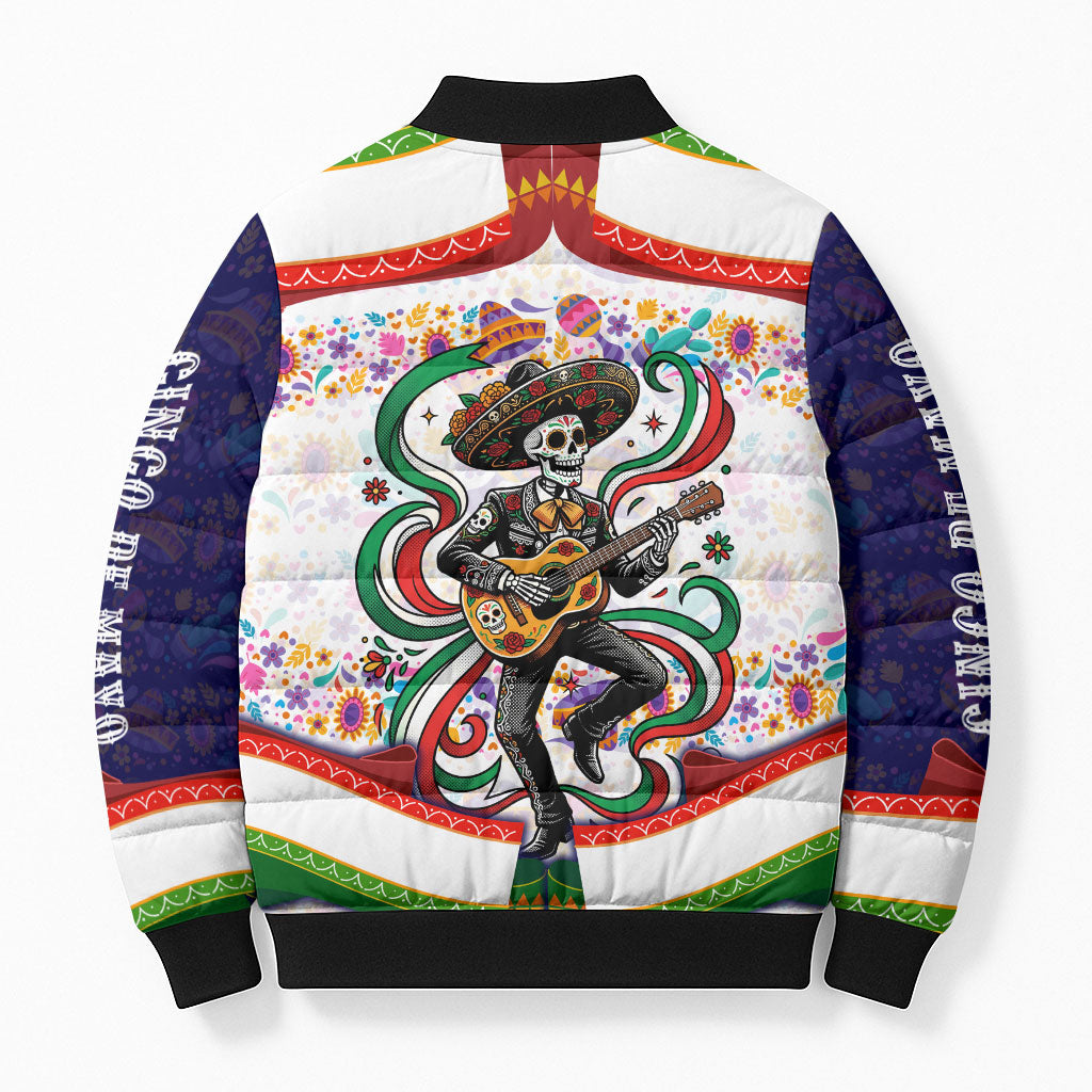 Cinco De Mayo Sugar Skull Mariachi Bomber Puffer Jacket Mexican Fiesta Floral Skeleton Guitar Folk Art