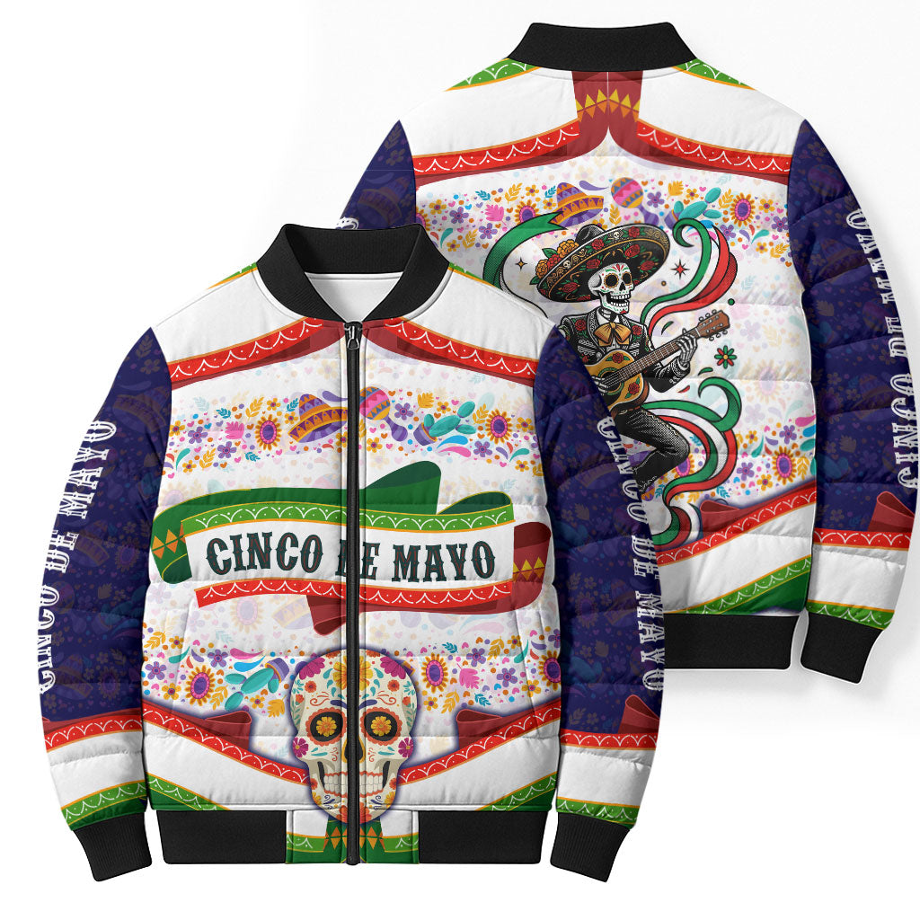 Cinco De Mayo Sugar Skull Mariachi Bomber Puffer Jacket Mexican Fiesta Floral Skeleton Guitar Folk Art