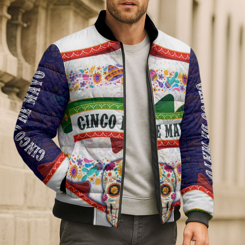 Cinco De Mayo Sugar Skull Mariachi Bomber Puffer Jacket Mexican Fiesta Floral Skeleton Guitar Folk Art