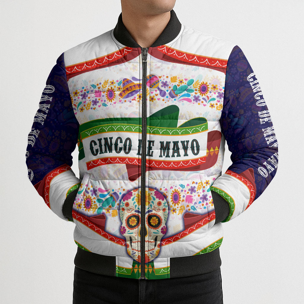 Cinco De Mayo Sugar Skull Mariachi Bomber Puffer Jacket Mexican Fiesta Floral Skeleton Guitar Folk Art