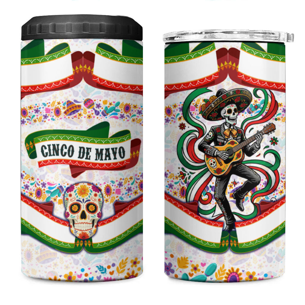Cinco De Mayo Sugar Skull Mariachi 4 in 1 Can Cooler Tumbler Mexican Fiesta Floral Skeleton Guitar Folk Art