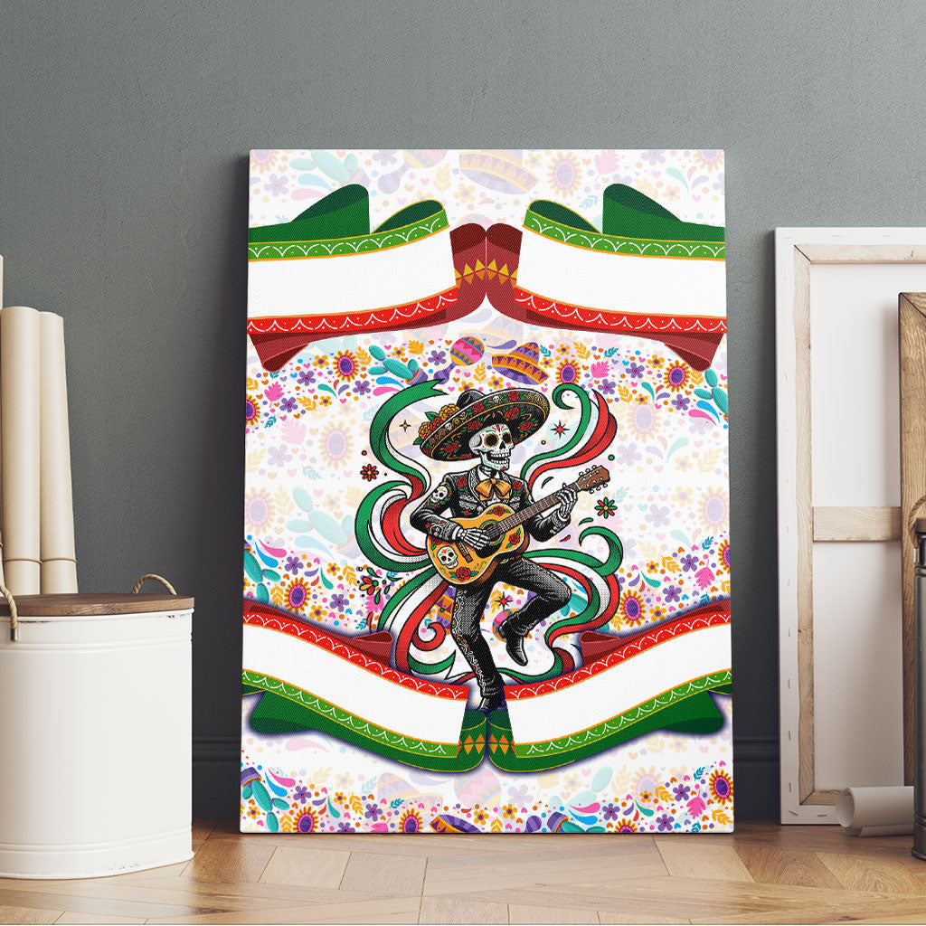 Cinco De Mayo Sugar Skull Mariachi Canvas Wall Art Mexican Fiesta Floral Skeleton Guitar Folk Art