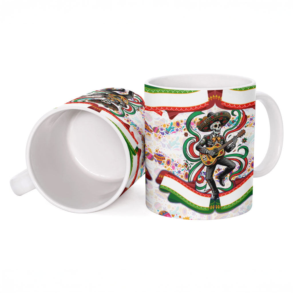 Cinco De Mayo Sugar Skull Mariachi Ceramic Mug Mexican Fiesta Floral Skeleton Guitar Folk Art