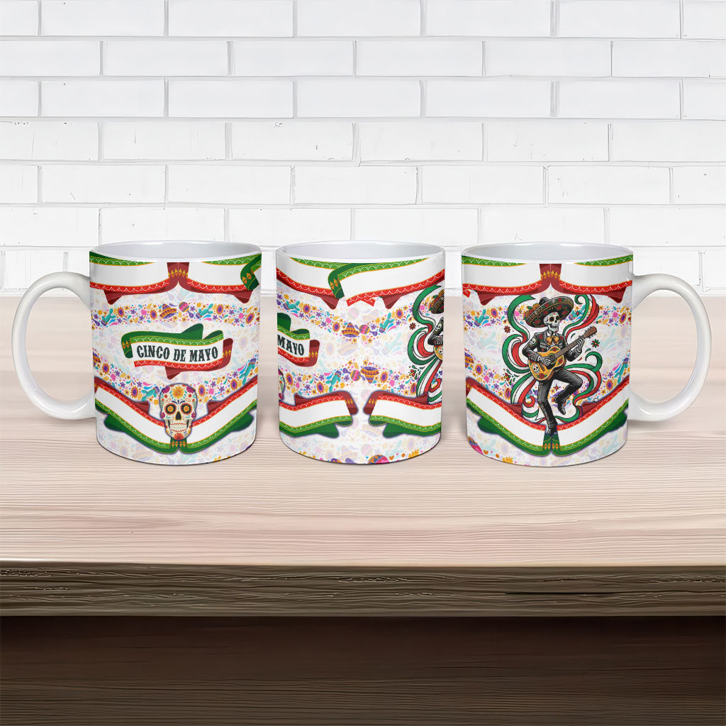 Cinco De Mayo Sugar Skull Mariachi Ceramic Mug Mexican Fiesta Floral Skeleton Guitar Folk Art