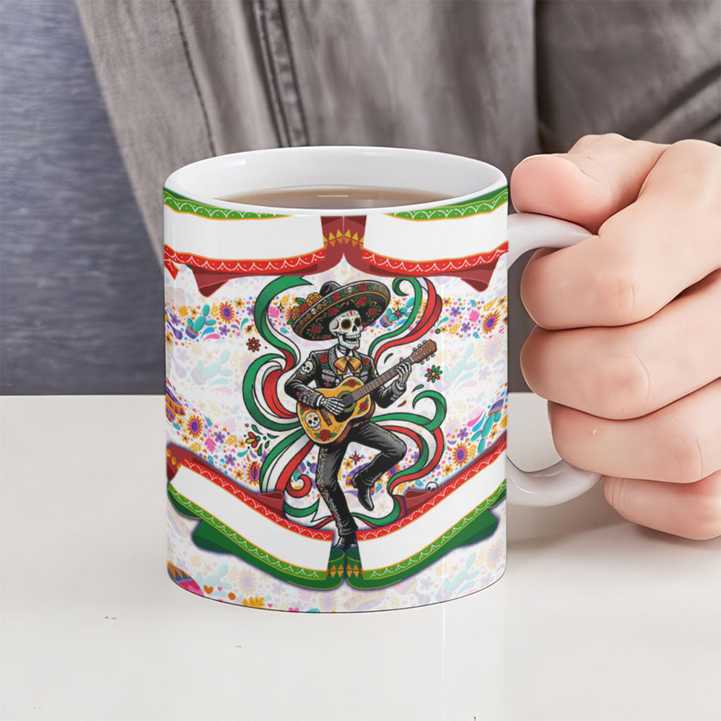 Cinco De Mayo Sugar Skull Mariachi Ceramic Mug Mexican Fiesta Floral Skeleton Guitar Folk Art