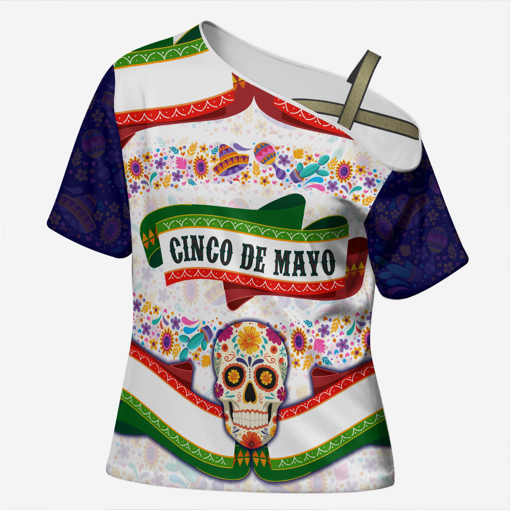 Cinco De Mayo Sugar Skull Mariachi Cross Shoulder Shirt Mexican Fiesta Floral Skeleton Guitar Folk Art