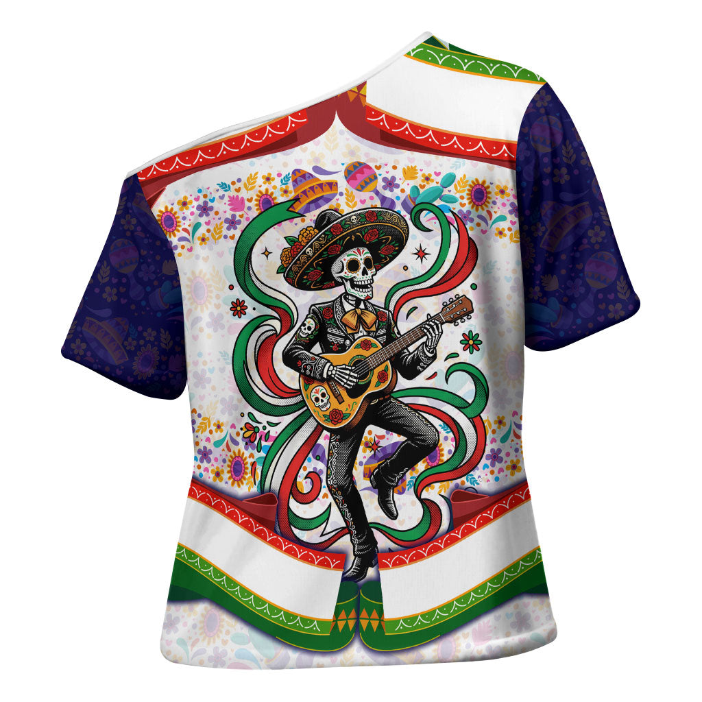 Cinco De Mayo Sugar Skull Mariachi Cross Shoulder Shirt Mexican Fiesta Floral Skeleton Guitar Folk Art