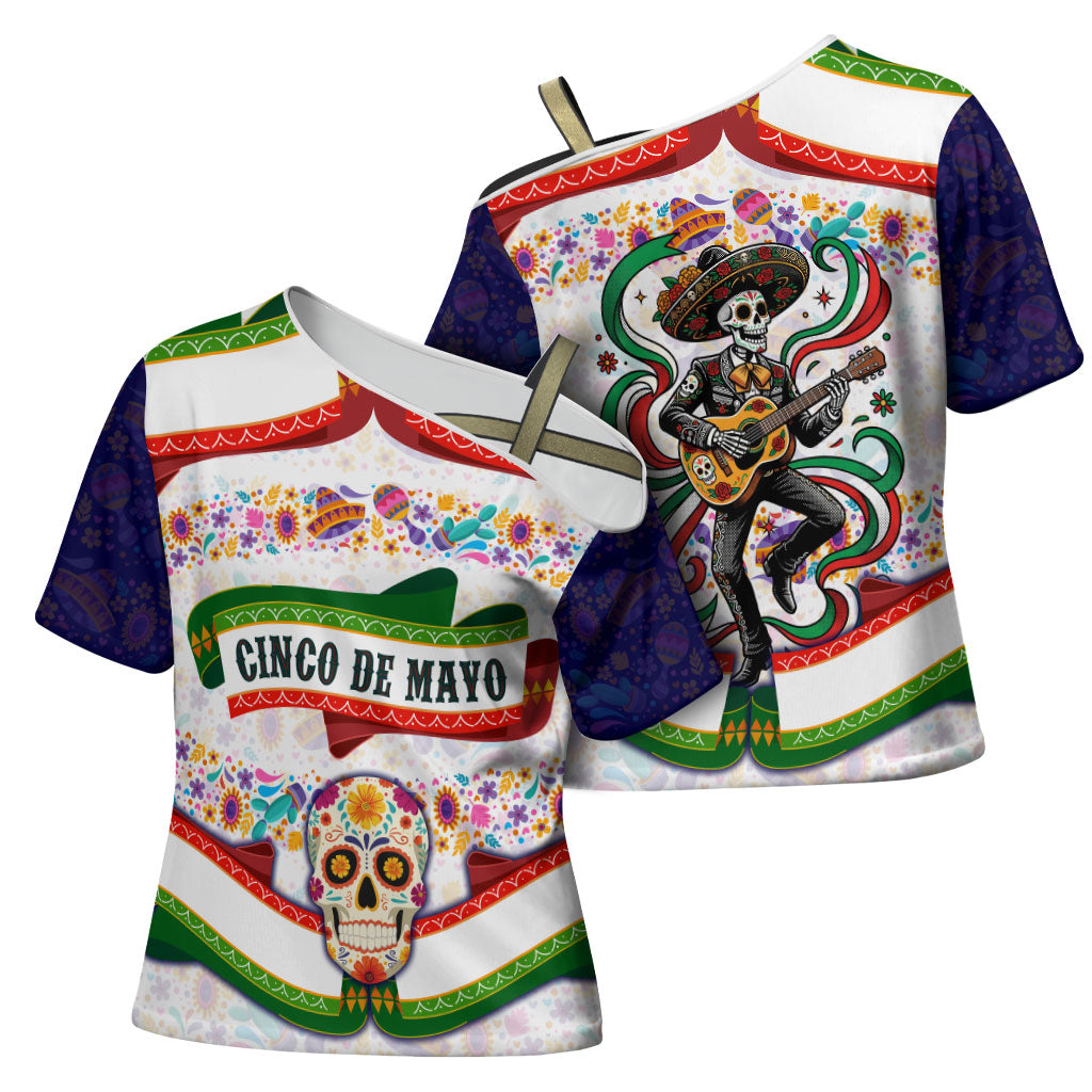 Cinco De Mayo Sugar Skull Mariachi Cross Shoulder Shirt Mexican Fiesta Floral Skeleton Guitar Folk Art