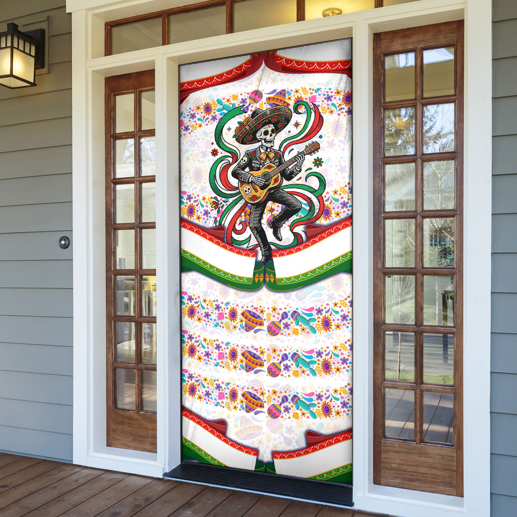 Cinco De Mayo Sugar Skull Mariachi Door Cover Mexican Fiesta Floral Skeleton Guitar Folk Art