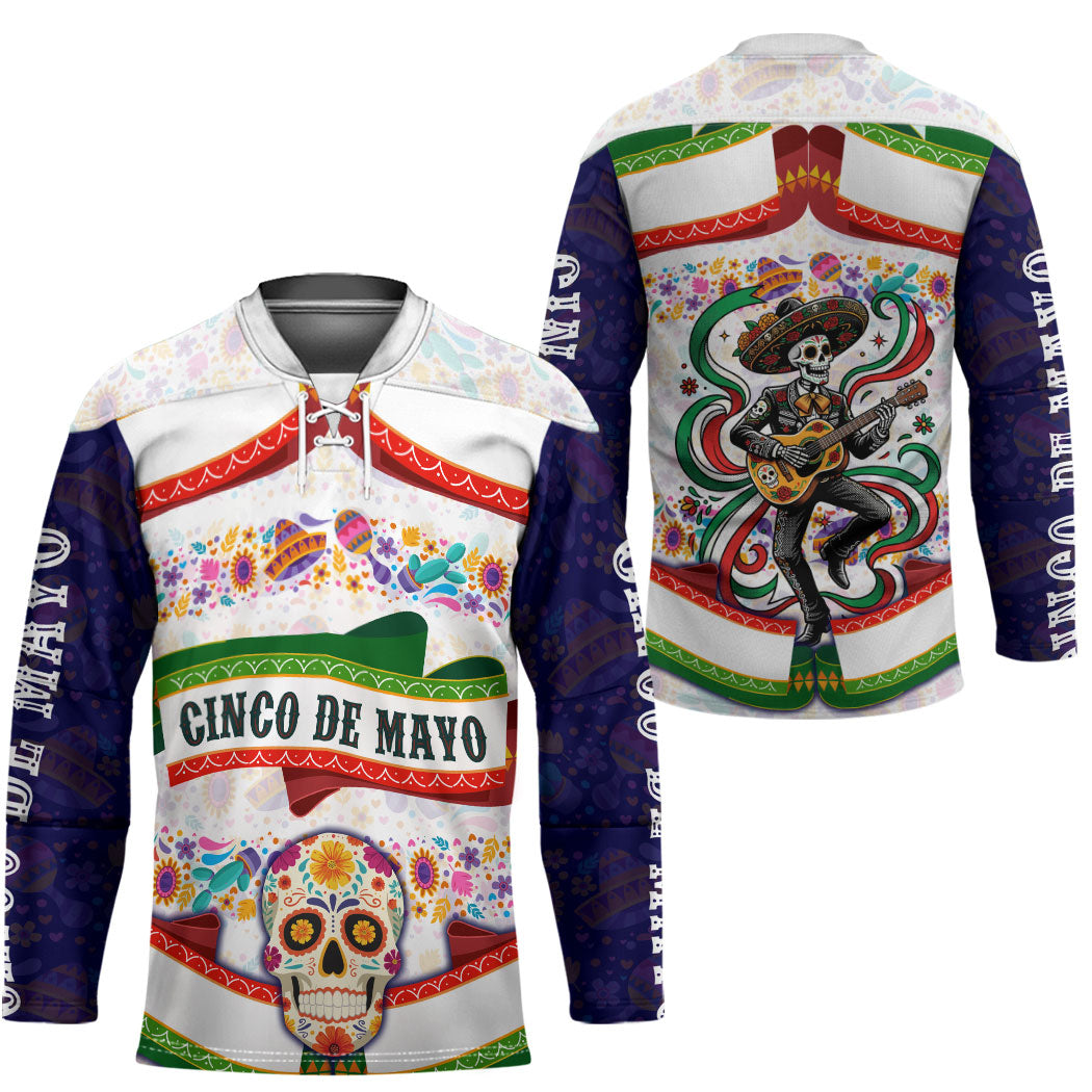 Cinco De Mayo Sugar Skull Mariachi Hockey Jersey Mexican Fiesta Floral Skeleton Guitar Folk Art