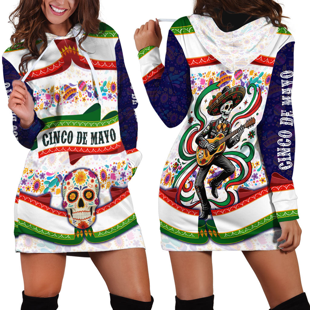 Cinco De Mayo Sugar Skull Mariachi Hoodie Dress Mexican Fiesta Floral Skeleton Guitar Folk Art