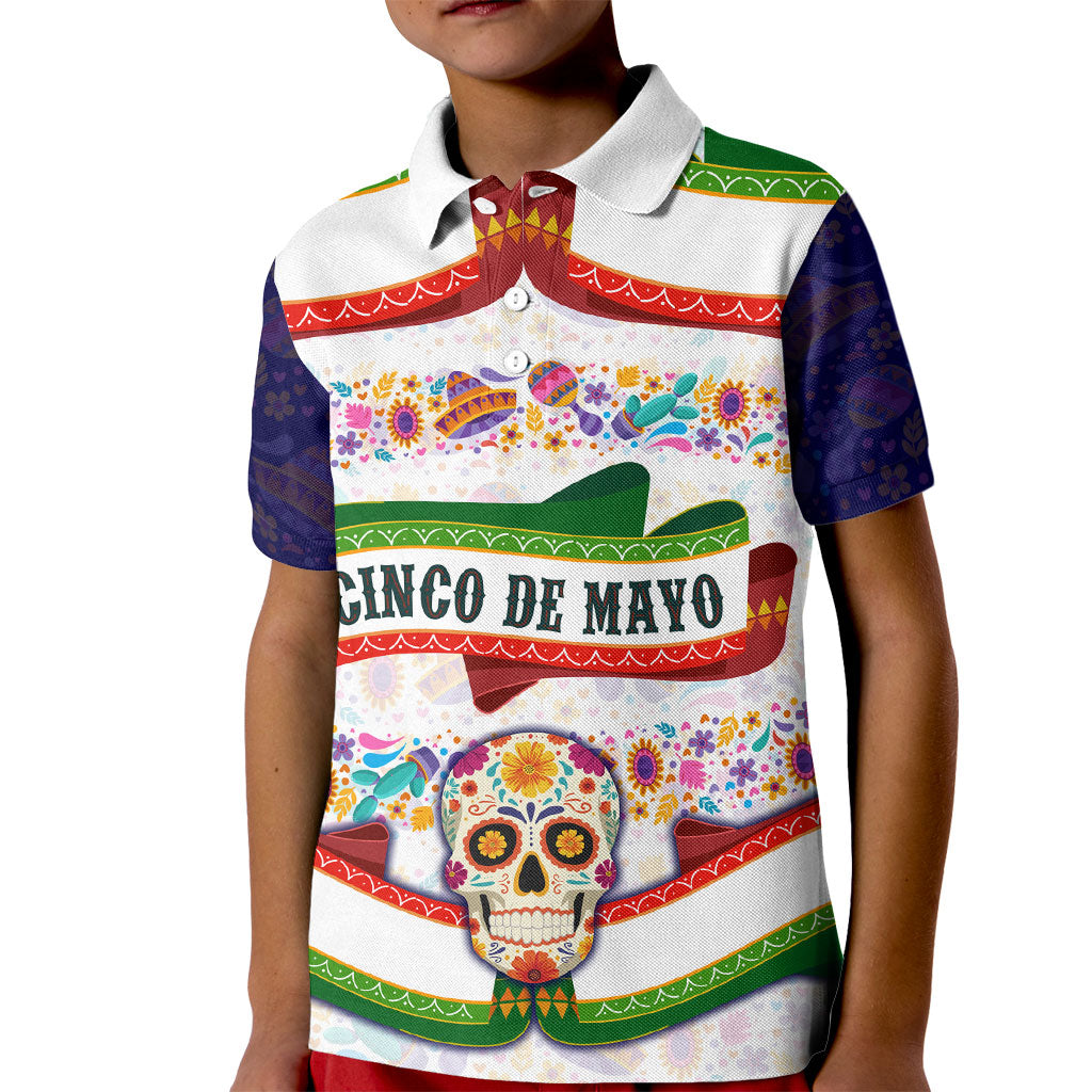 Cinco De Mayo Sugar Skull Mariachi Kid Polo Shirt Mexican Fiesta Floral Skeleton Guitar Folk Art