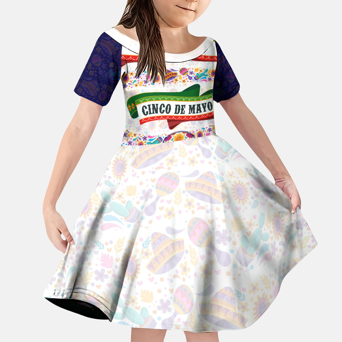 Cinco De Mayo Sugar Skull Mariachi Kid Short Sleeve Dress Mexican Fiesta Floral Skeleton Guitar Folk Art