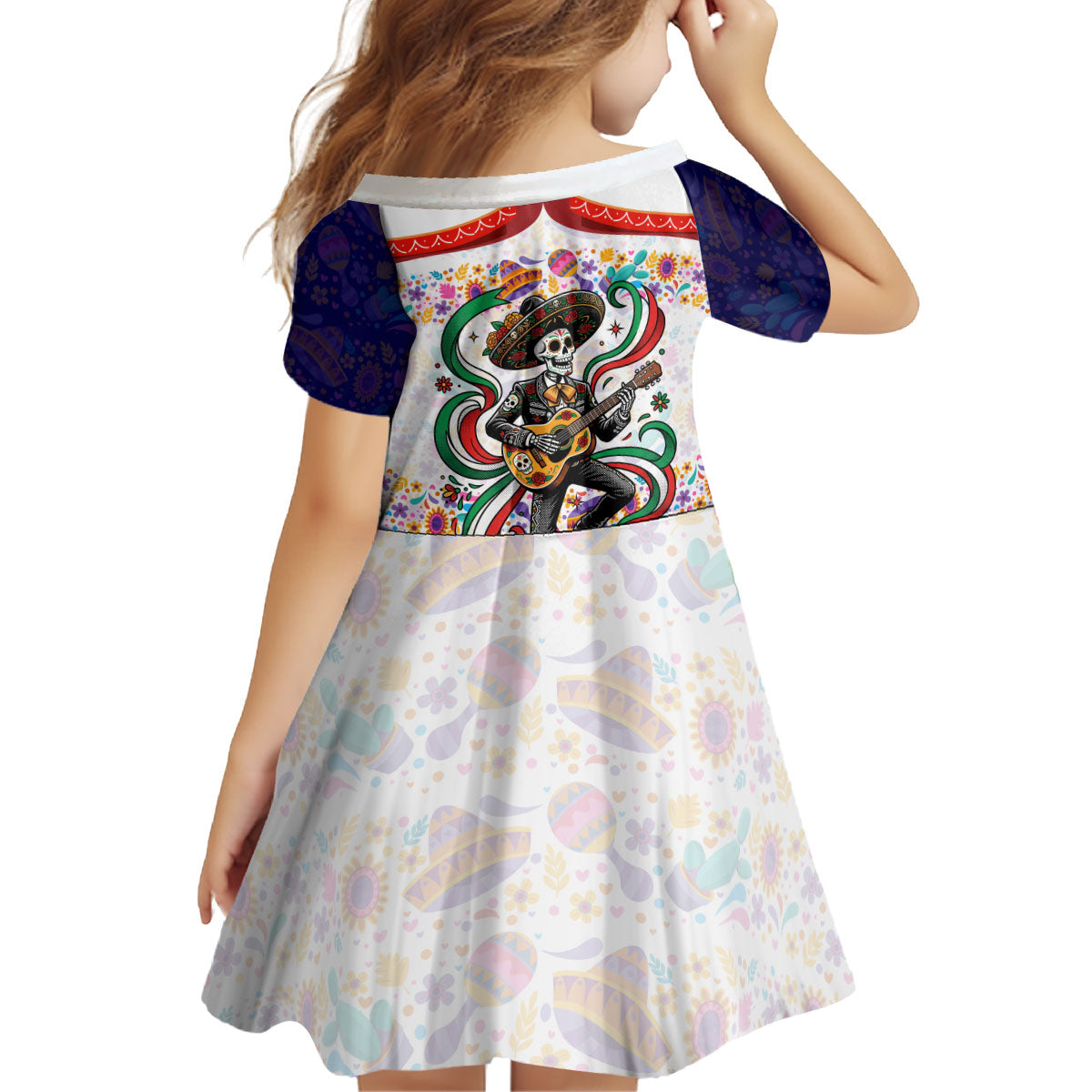 Cinco De Mayo Sugar Skull Mariachi Kid Short Sleeve Dress Mexican Fiesta Floral Skeleton Guitar Folk Art