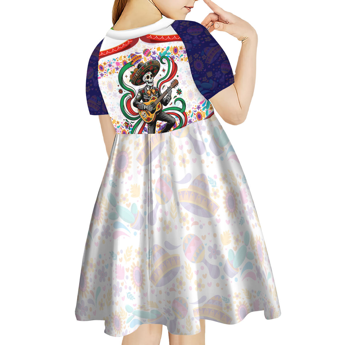 Cinco De Mayo Sugar Skull Mariachi Kid Short Sleeve Dress Mexican Fiesta Floral Skeleton Guitar Folk Art