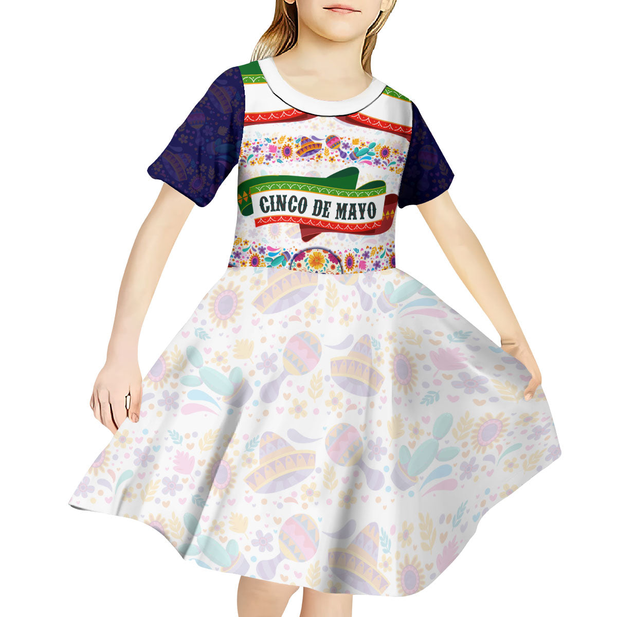 Cinco De Mayo Sugar Skull Mariachi Kid Short Sleeve Dress Mexican Fiesta Floral Skeleton Guitar Folk Art