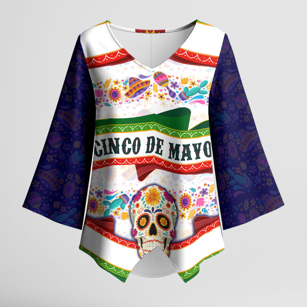 Cinco De Mayo Sugar Skull Mariachi Kimono Sleeve Blouse Mexican Fiesta Floral Skeleton Guitar Folk Art