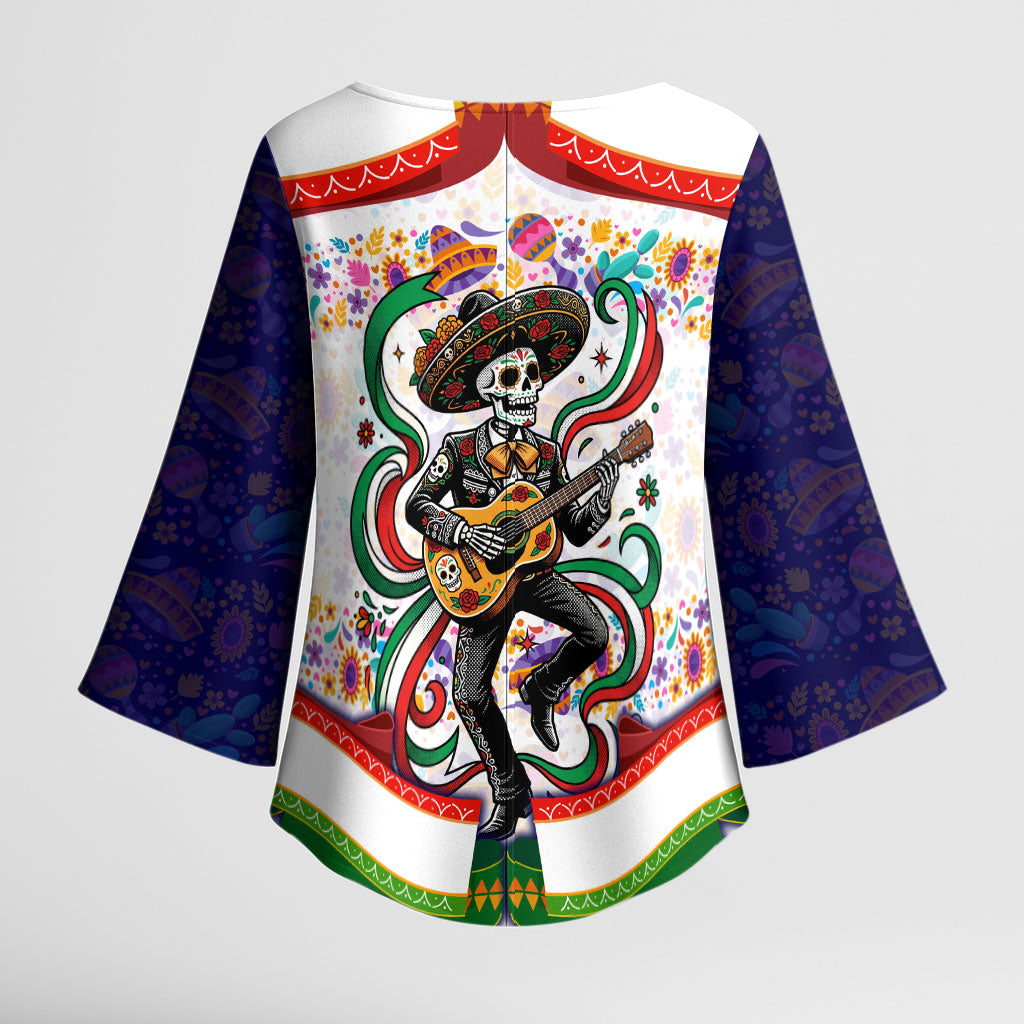 Cinco De Mayo Sugar Skull Mariachi Kimono Sleeve Blouse Mexican Fiesta Floral Skeleton Guitar Folk Art