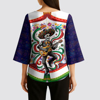 Cinco De Mayo Sugar Skull Mariachi Kimono Sleeve Blouse Mexican Fiesta Floral Skeleton Guitar Folk Art