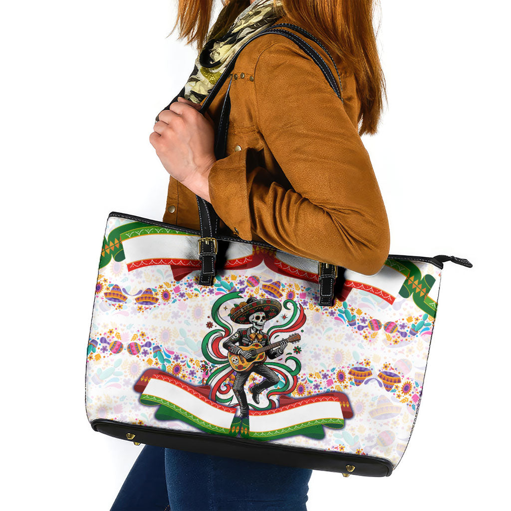 Cinco De Mayo Sugar Skull Mariachi Leather Tote Bag Mexican Fiesta Floral Skeleton Guitar Folk Art