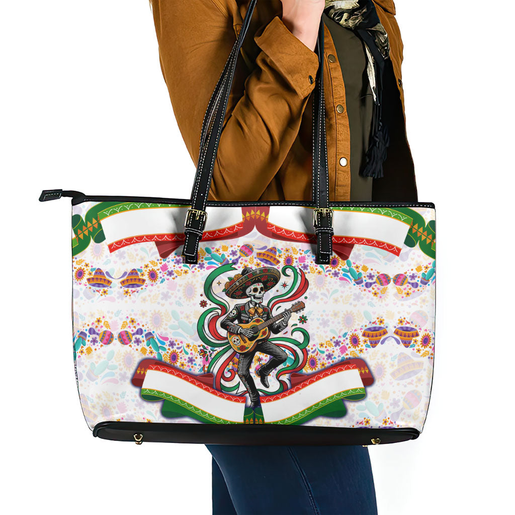 Cinco De Mayo Sugar Skull Mariachi Leather Tote Bag Mexican Fiesta Floral Skeleton Guitar Folk Art