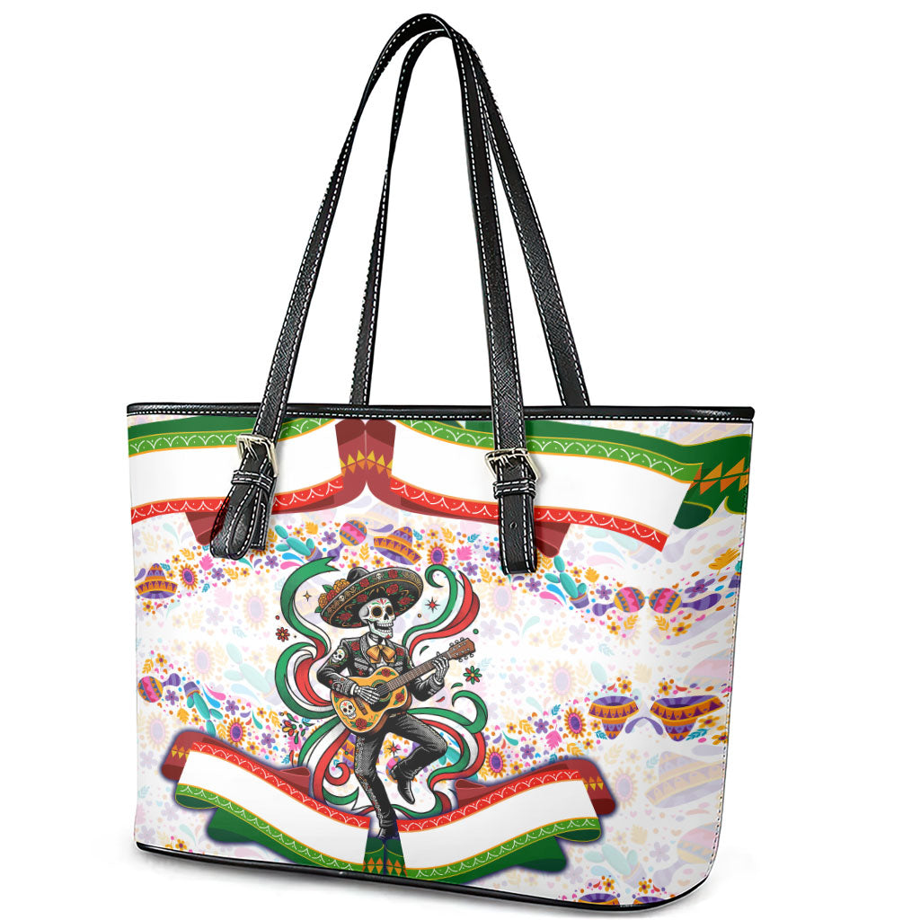 Cinco De Mayo Sugar Skull Mariachi Leather Tote Bag Mexican Fiesta Floral Skeleton Guitar Folk Art