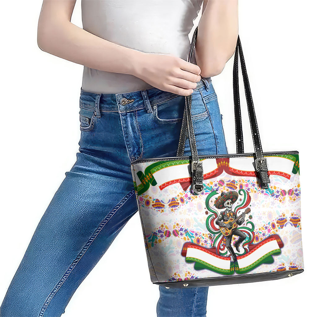 Cinco De Mayo Sugar Skull Mariachi Leather Tote Bag Mexican Fiesta Floral Skeleton Guitar Folk Art
