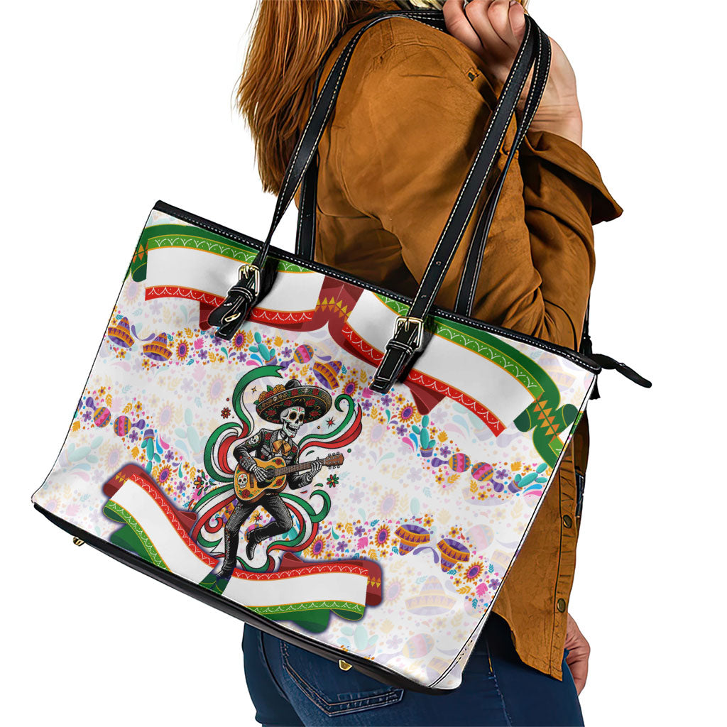 Cinco De Mayo Sugar Skull Mariachi Leather Tote Bag Mexican Fiesta Floral Skeleton Guitar Folk Art